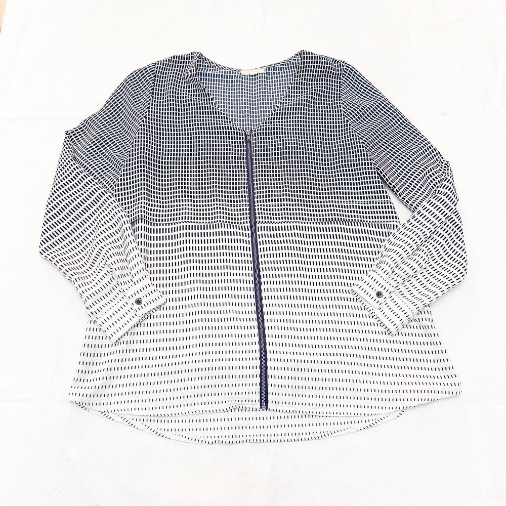 Pleione Grid Patterned Blue Zip Top Long Sleeve Blouse Size Medium